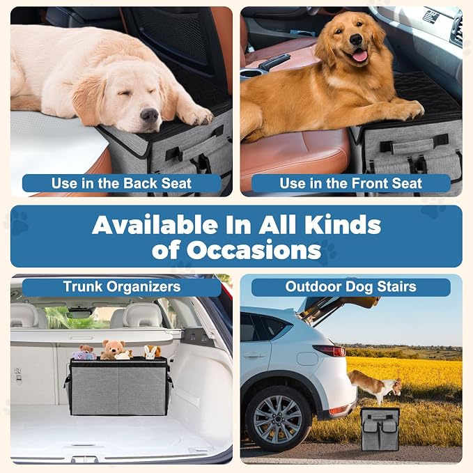 Back Front Seat Extender for Large Dogs Up to 200 Lbs, Adjustable Dog Back Seat Extender with Cushion & Storage Box, Car Organizer Gap Filler for Front or Back Seat,Gray