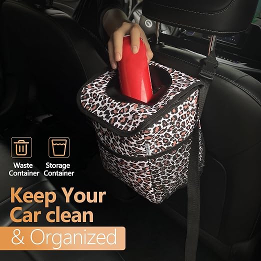 Leopard Car Trash Can with Lid & Coasters | 2 Gallon Leak-Proof Hanging Garbage Bin for Back Seat | Waterproof Storage Organizer & Cooler Bag for Road Trips, SUVs & Family Travel