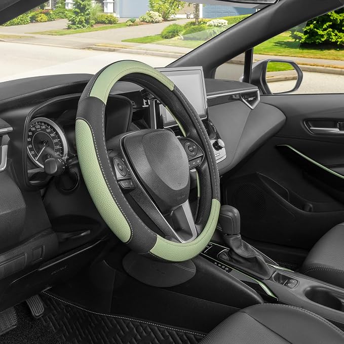 Steering Wheel Cover for Car, Standard Size 14.5-15 inch, Auto Interior Accessories, Black and Pastel Green