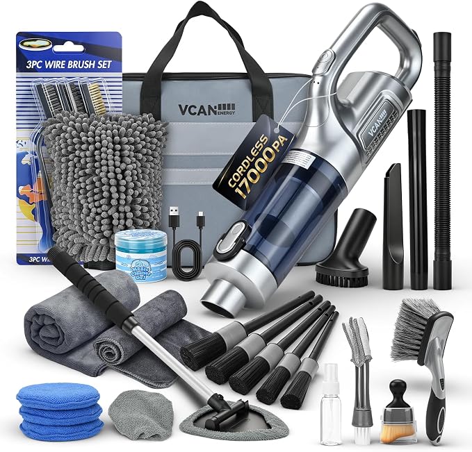 29PCS Car Cleaning Kit Interior Detailing for Men Women（Grey） | 17000PA High Power Handheld Cordless Car Vacuum Rechargeable, Detailing Brush Set, Windshield Cleaner Tool, Tire Brush