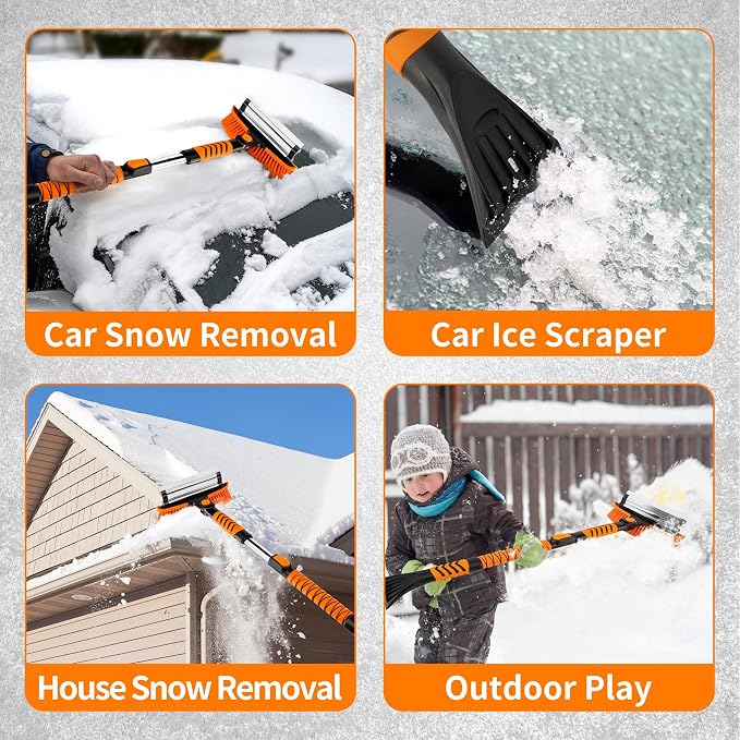 44'' Snow Brush and Ice Scrapers for Car Windshield, Extendable Snow Brush for Car with Ergonomic Foam Grip and 360° Pivoting Brush Head for Car SUV Truck