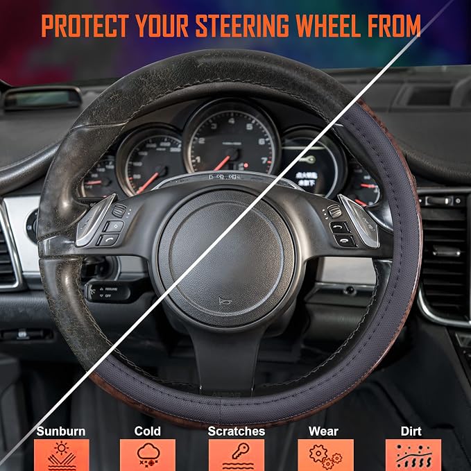 Wood Grain Microfiber Leather Steering Wheel Cover, Universal Fit for 14 1/2-15 inch Black Steering Wheel, Anti-Skip Veins Design,Cars, Suvs,Vans, Sedans (Black)