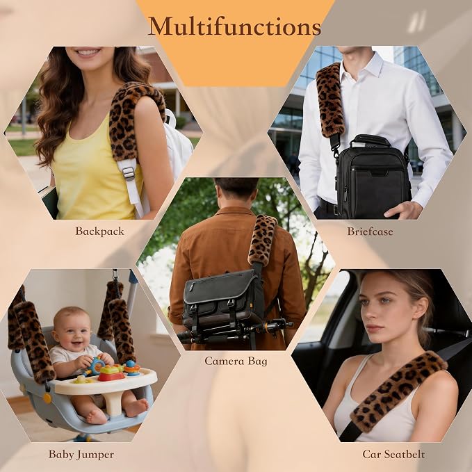 Soft Faux Fur Universal Fit Seatbelt Cover Car Truck SUV Airplane Seat Belt Shoulder Pad for Carmera Backpack Straps Neck Cushion Protector 2 Pack 10.5in Brown Leopard