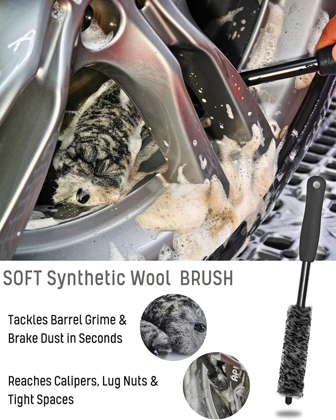 8PCS Pro Wheel Cleaning Kit - Synthetic Wool Brushes, Detailing Brush, Tire Brush, Wash Mitt, Drying Towel & Carry on Bag - Scratch-Free Rim Cleaning Kit