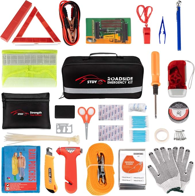 Car Roadside Emergency Kit, Vehicle Truck Safety Road Side Assistance Kits Auto Accessory, with Jumper Cables, Tow Rope, Reflective Triangle, Tire Pressure Gauge, etc
