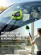 Window & Windshield Cleaner, Extendable, 3 Microfiber Pads (Green) | Pivoting Triangle Head Wiper Cleans Interior & Exterior Glass, 3 Washable Reusable Bonnets, Lint-Free