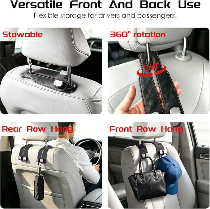 Car Headrest Hook, Car Seat Headrest Hooks and Purse Hook for Car, Leather Seat Back Organizer with Phone Holder, Universal Hidden Storage for SUV/Truck (Beige-2Pack)