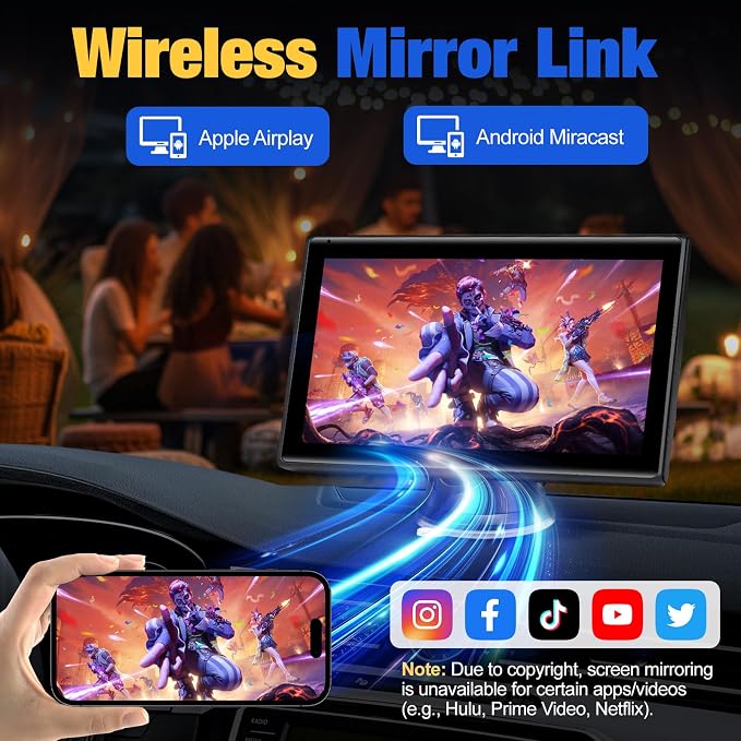 Carplay Screen for Car, 7 inch Wireless Carplay & Android Auto（Black） | Portable Touchscreen car play with Mirror Link，Bluetooth，Voice Control，Map Navigation，FM Transmit，Plug-and-Play car stereo