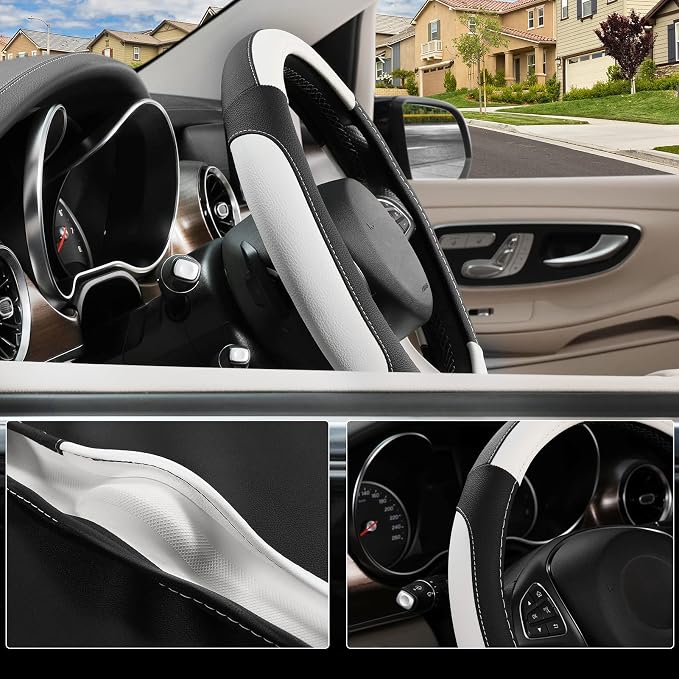 Car Steering Wheel Cover Universal Standard Size 14.5-15 inch, Black and White Microfiber Leather