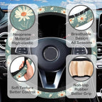 White Daisy Steering Wheel Cover with 2 Pcs Car Coasters Neoprene Steering Wheel Cover for Women Men Anti-Slip Breathable Car Accessories Universal 15 Inch Fit Auto Cars Trucks