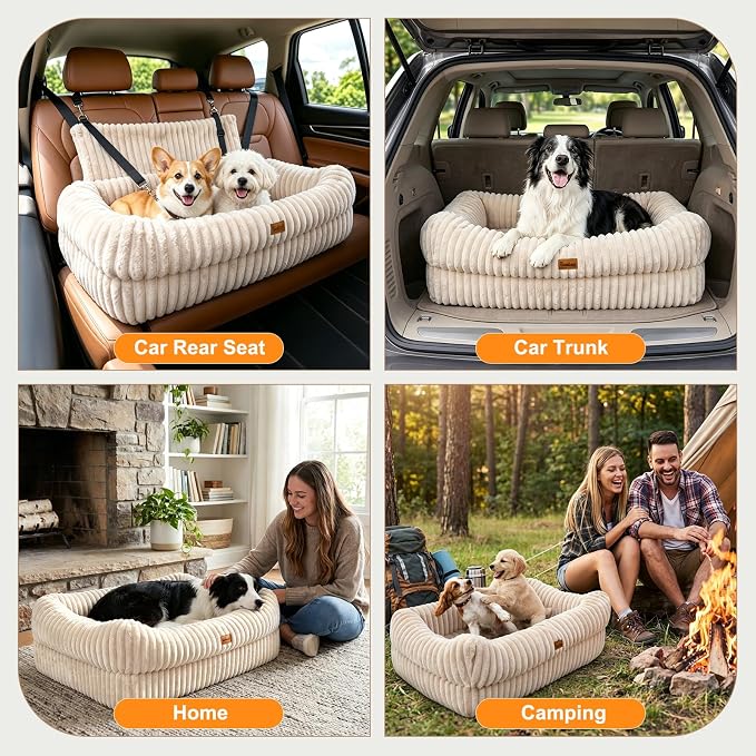 Dog Car Seat, Dog Booster Car Seats with Memory Foam, Thickened Cushion & Washable Removable Cover, Pet Travel Carseat Bed with Safety Leashes for Medium/Large Dogs or 2 Small Dogs, Beige