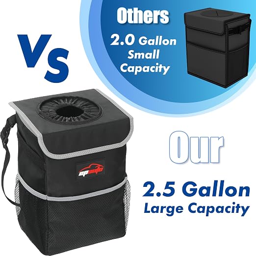 Waterproof Car Trash Can with Lid and Pockets, 2.5 Gal, Black | Leakproof, Collapsible Multipurpose Car Bin with 3 Side Storage Pockets, Adjustable Straps