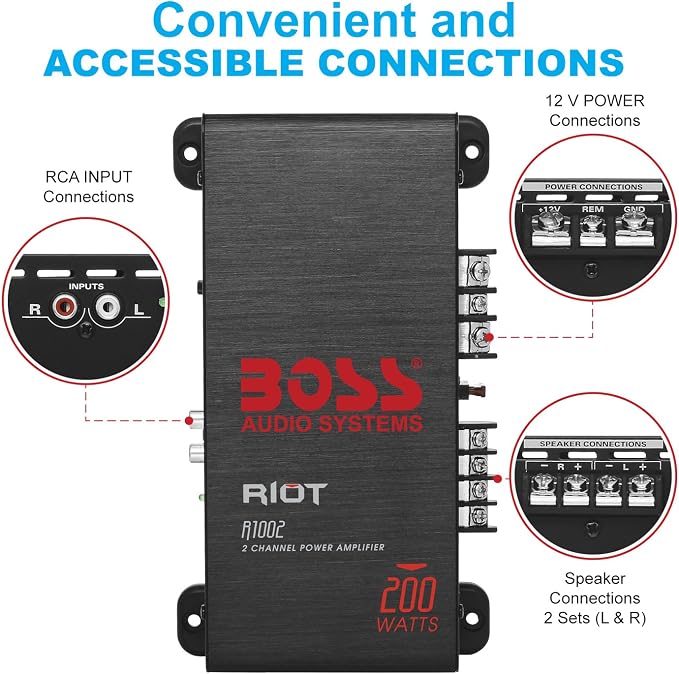 R1002 2 Channel Car Amplifier - 200 High Output, 2-8 Ohm Stable, Low/High Level Inputs, Full Range, Bridgeable, Bass for Subwoofer