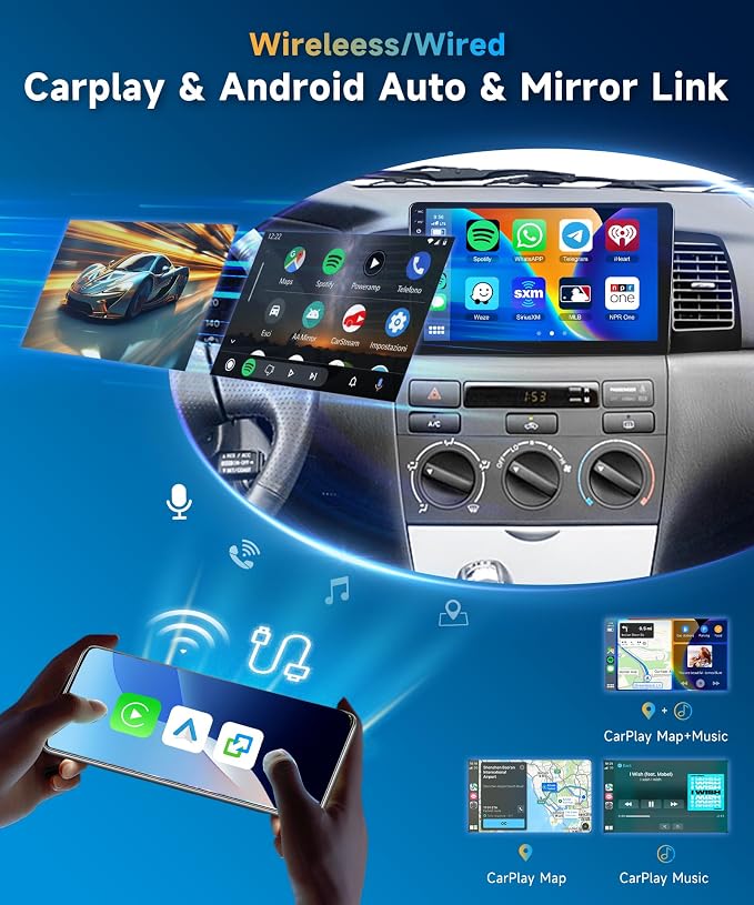 5G WiFi Car Radio Stereo for Toyota Corolla EX 2007-2012 Android 15 Wireless Carplay Android Auto, 9“ Touch Screen Bluetooth Car Audio,GPS,FM/RDS,SWC+AHD Backup Camera, 2G+64G