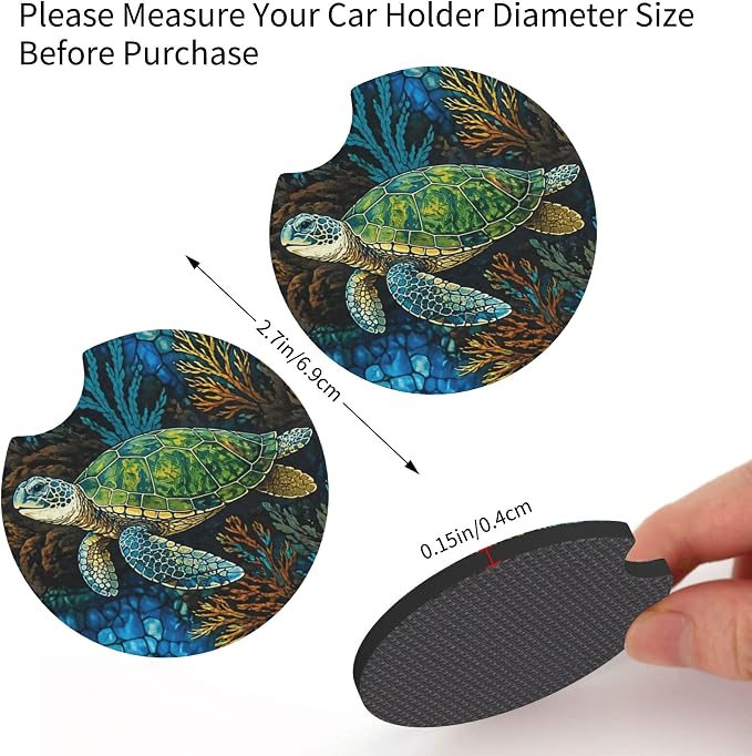 Sea Turtle 3-Pc Car Set : Steering Wheel Cover + 2 Cup Coasters | neoprene Non-Slip, Breathable Elasticity Universal Fit 14.5-15.6 Inch for Cars/Trucks/SUV - Car Interior Decoration