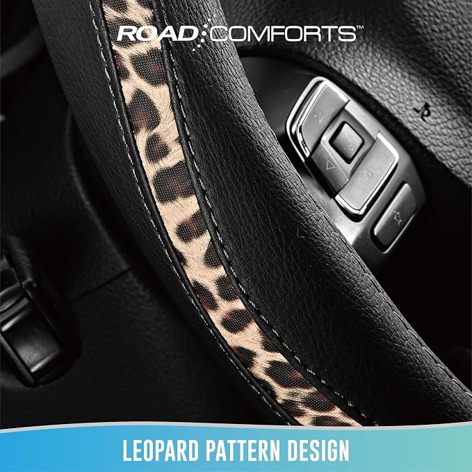 Steering Wheel Cover - Made with PVC Leather and Leopard Fabric - Universal 14 1/2 inches to 15 inches for Most Automotive Steering Wheel - Cheetah Print - Black