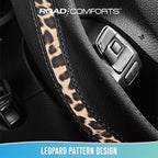 Steering Wheel Cover - Made with PVC Leather and Leopard Fabric - Universal 14 1/2 inches to 15 inches for Most Automotive Steering Wheel - Cheetah Print - Black