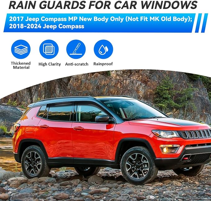4pcs Window Visors Compatible with 2017-2025 Jeep Compass MP (2017 Jeep Compass MP New Body Only) Front+Rear Smoke Tint Sun/Rain Guard Outside Mount Tape-On Vent 18 19 20 21 22 23 24