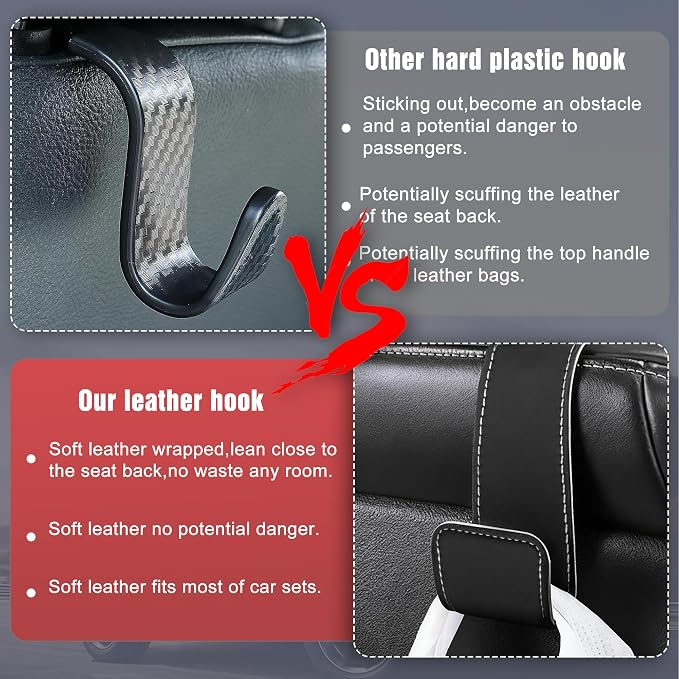 Leather Car headrest Hook for Purses and Bags (Brown, 2pcs) | Leather wrap hook with Larger strap holder, friendly to your leather purse. Strong load up to 44lbs.