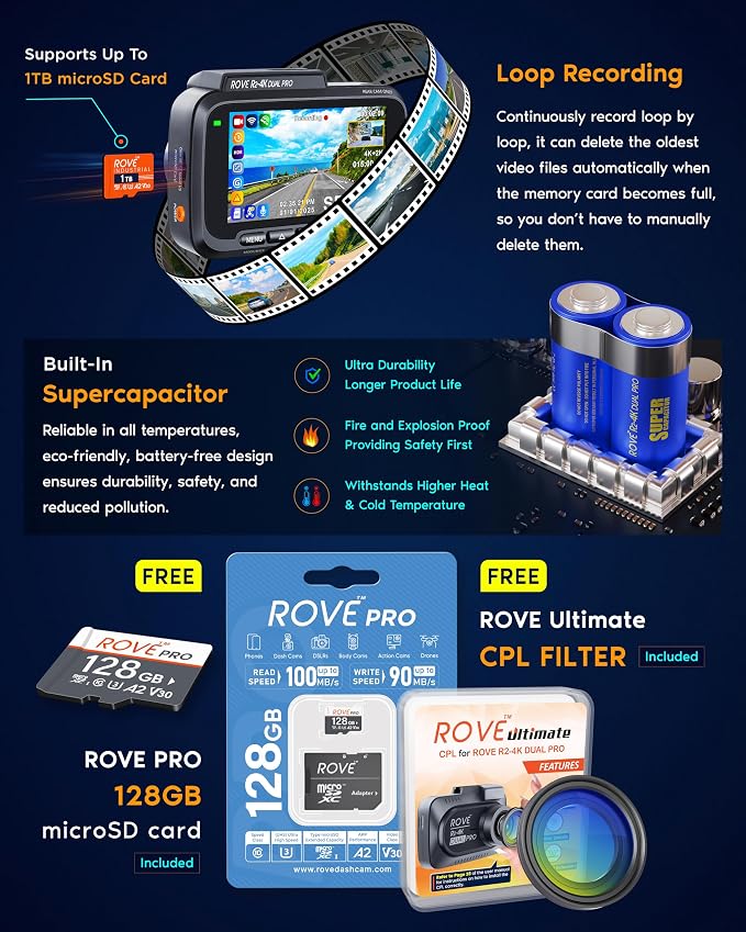 R2-4K Dual PRO Dash Cam Front and Rear, 4K+2K Dash Camera for Cars, Dual STARVIS 2 IMX678 + IMX675 Sensors, Free 128GB Card + CPL, WiFi 6 - up to 30MB/s Download Speed, 3" IPS, 24Hr Parking Mode
