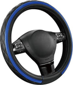 Leather Steering Wheel Cover – Black & Blue, Universal Fit 14.5-15 Inch, Microfiber Leather, Anti-Slip & Breathable Design for Men and Women