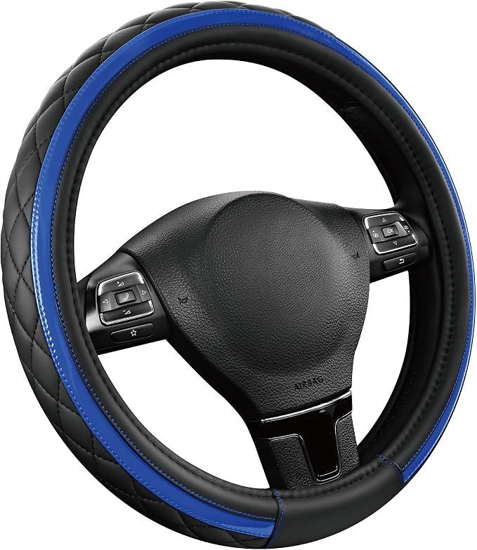 Leather Steering Wheel Cover – Black & Blue, Universal Fit 14.5-15 Inch, Microfiber Leather, Anti-Slip & Breathable Design for Men and Women