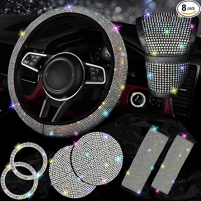 8 pcs Bling Car Accessories Set for Women, Steering Wheel Cover, Sparkly Seat Belt Covers, Bling Gear Shift Cover, Universal Fit Most Cars (Multicolor Diamond)