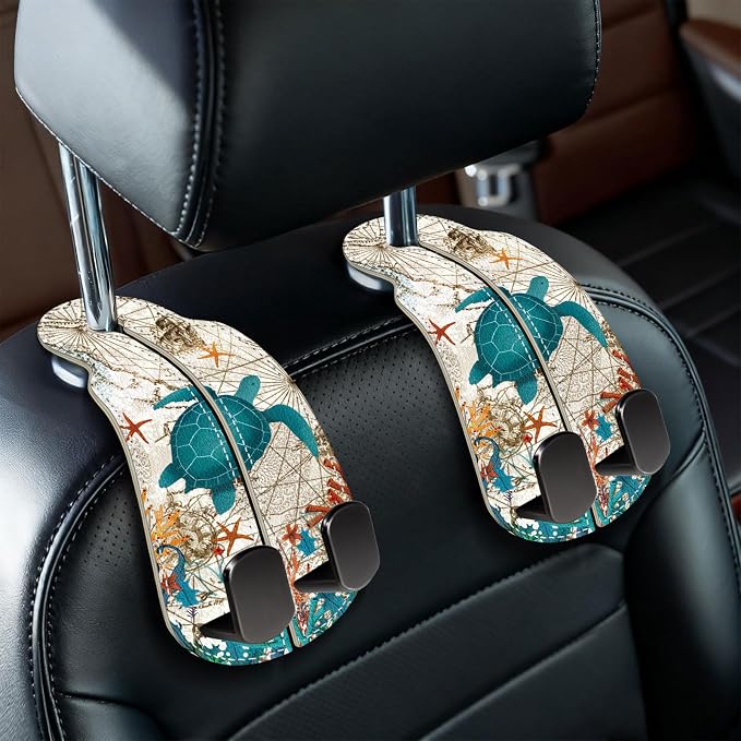 2PCS Car Seat Back Storage Headrest Hooks, Sea Turtle Purse Holder Bags Hanger, PU Leather Double Metal Hook for Backseat Organizer, Women Car Accessories Organization