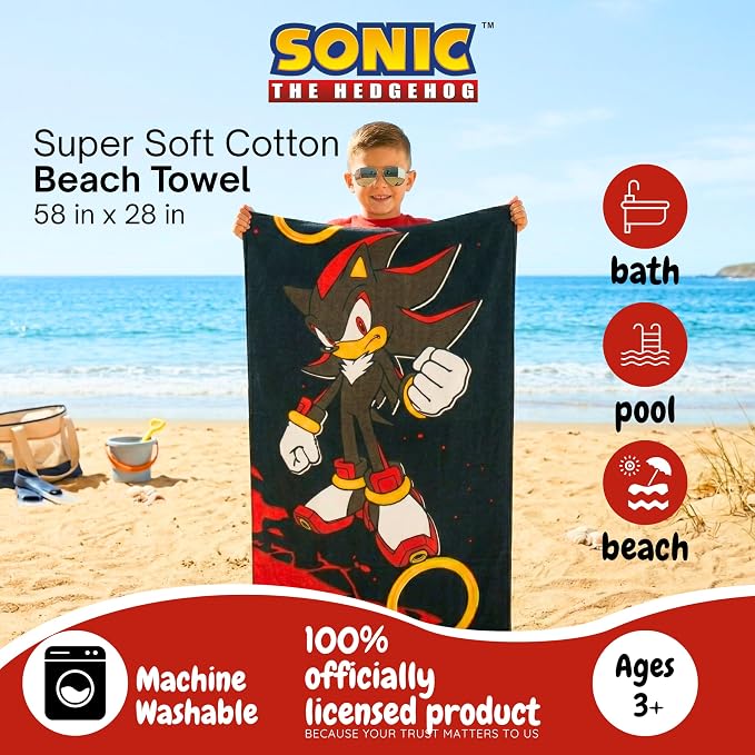Sonic Shadow The Hedgehog Kids Cotton Beach Towel, 58 x 28 Inch, Soft & Absorbent Pool, Bath & Beach Towel (Officially Licensed Product) by