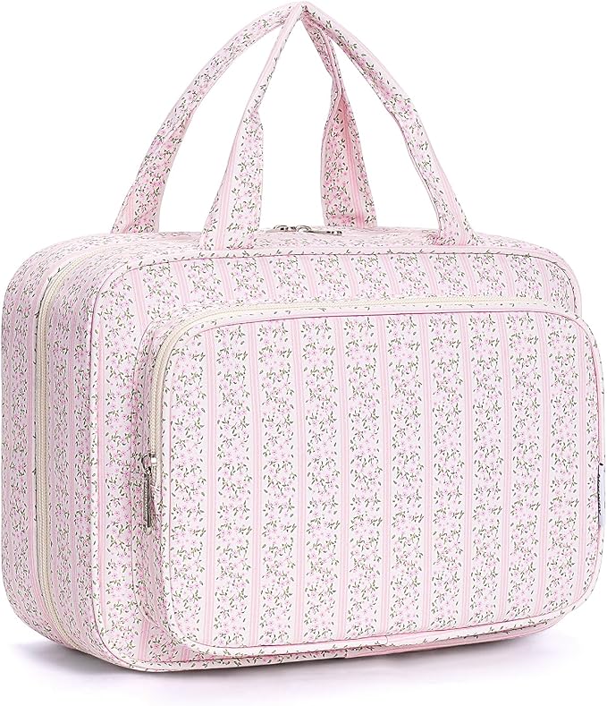 Travel Toiletry Bag for Women Large Hanging Makeup Bag Organizer Toiletries Bag for Full Size Essentials Accessories Cosmetics (Pink Flower Buds (Large))