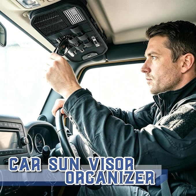 SAMPUSS Car Sun Visor Organizer Car Sunglass Holder with Storage Pouch | Semi-rigid molle panel car truck accessories with zipper for men&women fit most cars trucks vans suvs jeeps patrols