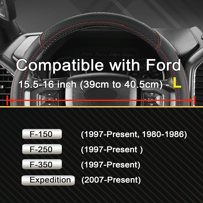 Car Steering Wheel Cover for Ford F-150, F-250, F-350, Expedition (Black +Red-Large Size)