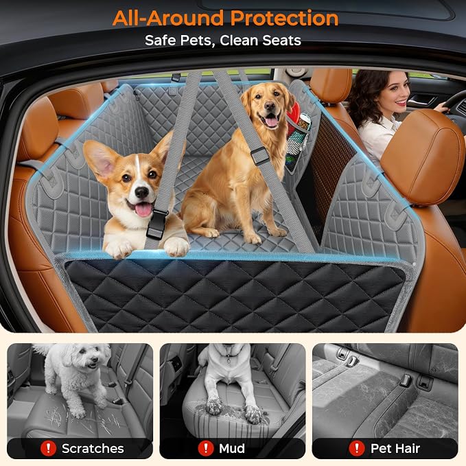 XL Dog Backseat Extender for Full-Size Crew Cab Truck, Hard Bottom Dog Car Seat Cover for Back Seat Holds 400lbs, Waterproof Dog Hammock Pet Rear Seat Protector Travel Bed for F150 / Silverado