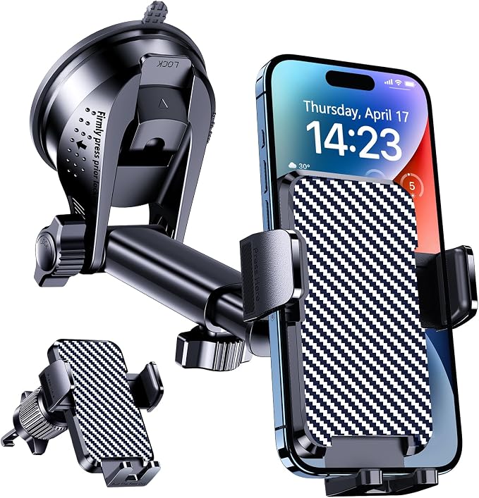 Phone Holder Car [Military-Grade Suction] Universal Car Phone Holder [Thick Case Friendly] Automobile Accessories Dashboard Air Vent Windshield Phone Mount Fit for iPhone Android Smartphones