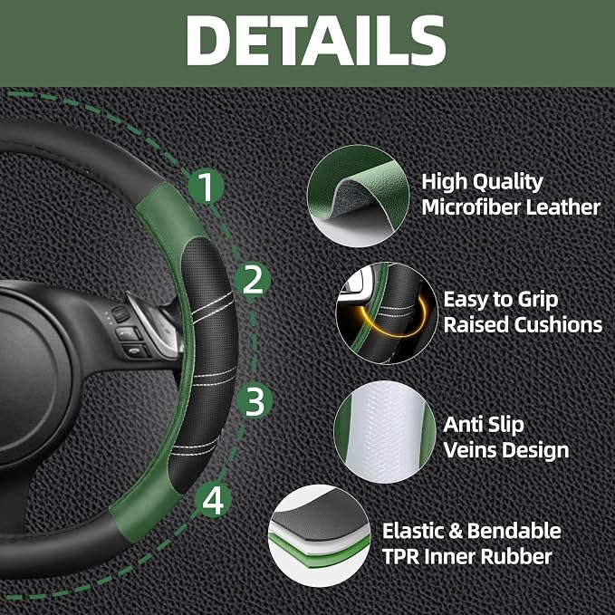 10 Pcs Car Floor Mats Full Set & Sport Leather Steering Wheel Cover 14.5-15 inch, Center Console Cover, Seat Belt Cushion, Cup Holder Coaster, Universal Automobile Interior Sets (Green)