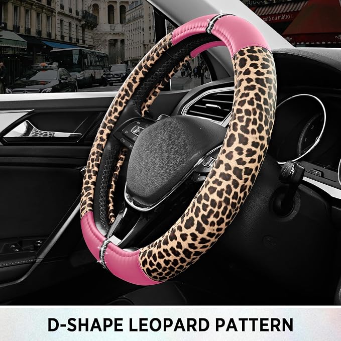 Leopard Steering Wheel Cover for Women, Cute Anti-Slip Microfiber Leather, Fits D Shape Flat Bottom Steering Wheel 14.5-15 Inch - Pink