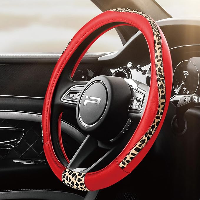 Steering Wheel Cover - Made with PVC Leather and Leopard Fabric - Universal 14 1/2 inches to 15 inches for Most Automotive Steering Wheel - Cheetah Print -Red