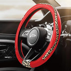 Steering Wheel Cover - Made with PVC Leather and Leopard Fabric - Universal 14 1/2 inches to 15 inches for Most Automotive Steering Wheel - Cheetah Print -Red