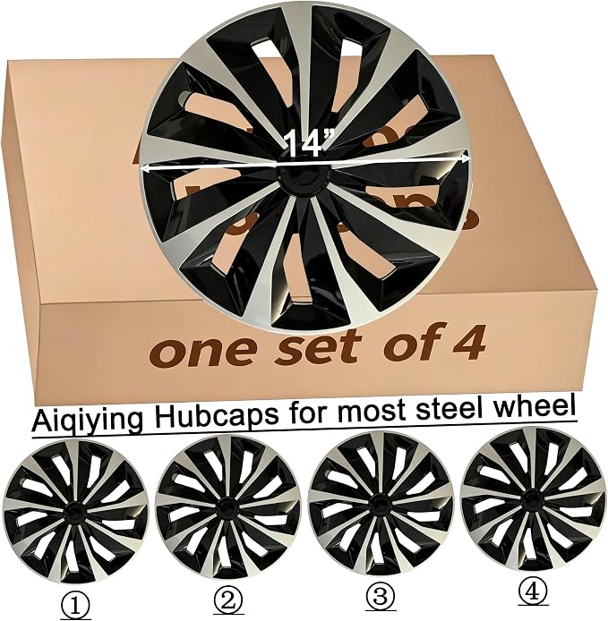 Hubcaps Wheel Covers Replacement R14 Size Hub Cap Universal-Fit Steel Wheel Rim Caps ABS Tire Cover Snap on Most Car Truck SUV Sedan -Set of 4（14-inch，Silver-Black）