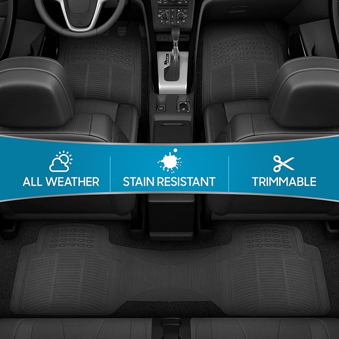 ProLiner Car Floor Mats for Cars Trucks SUV, 3-Piece All-Weather Heavy Duty Rubber Liners with Universal Trimmable Fit, Durable Waterproof Vehicle Auto Floor Mats with Capture Ridges Black