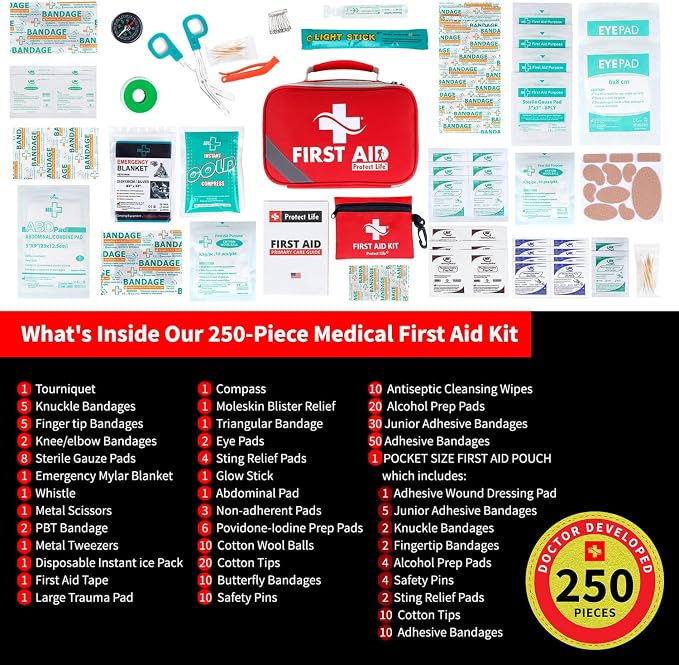 Survival First Aid Kit for Home/Business, Camping Survival Kits | Mini Travel First Aid Kit | Camping Equipment | Small Kits for Car | Outdoor Emergency Survivals Pack - 250pcs