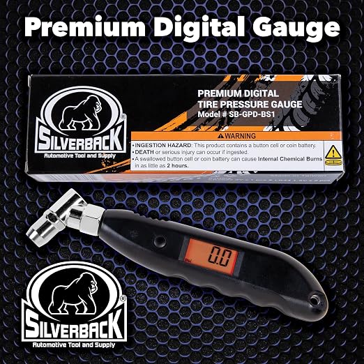 Silverback Digital Tire Pressure Gauge, 0-150 PSI. Tire Pressure Gauge for Car, Truck, Motorcycle, RV's, ATV's, Dirt Bikes, Lawn Tractor & Bicycle Tires. Backlit LCD Screen with 4 Unit Measurements.