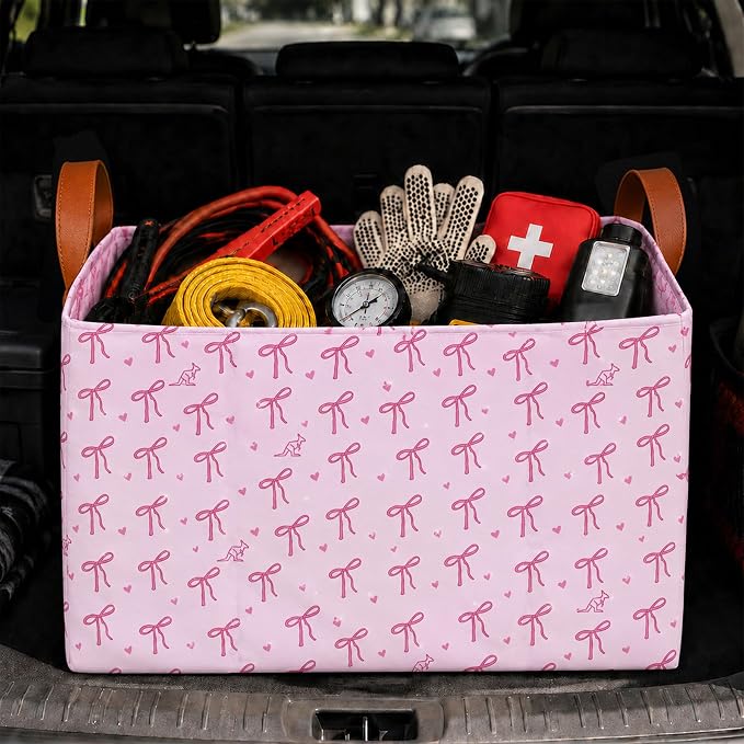 Bow Car Trunk Organizer,20L Collapsible Auto Storage Basket with Handles, Waterproof Reusable Shopping Grocery Bags for SUV, Truck, Pink Bow Cars Boot Organizer Gifts for Women Men Drivers