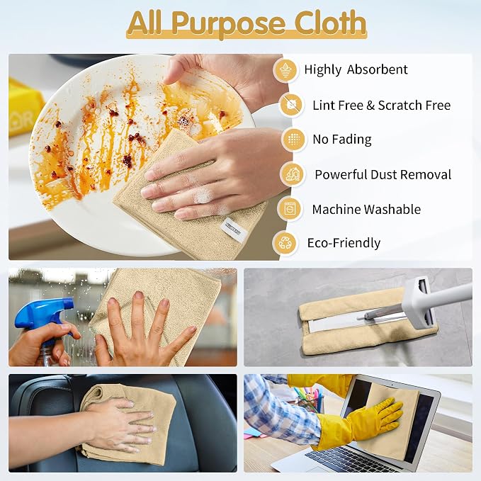 Beige Microfiber Cleaning Cloth -Pack of 8, Highly Absorbent Cleaning Rags, 16"X12" All Purpose Cleaning Towels for Housekeeping, Kitchen, Car, Lint Free and Reusable Microfiber Towels