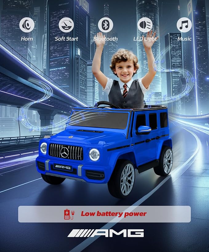 Licensed Mercedes-Benz AMG G63 Ride on Toys,All-Terrain Kids Car with 2.4G Remote Control,Battery Powered Electric Ride On Vehicle w/Bluetooth,Dual Mode of Flashing Light/LED Light,Music,Blue