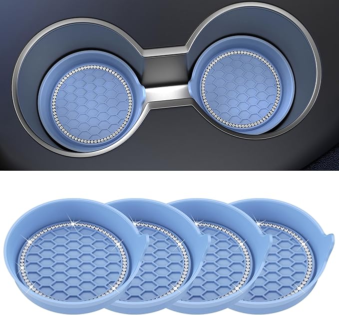 Car Cup Coaster Universal Non-Slip Cup Holders Bling Crystal Rhinestone Car Interior Accessories 4 Pack Gray Blue