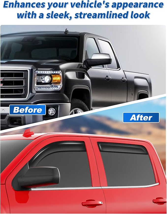in-Channel Window Rain Guards Fit for Chevrolet(Chevy) Silverado & GMC Sierra Crew Cab 2014-2018 Extra Durable Window Deflectors Truck Window Vent Visors Vent Shades Exterior Car Accessories