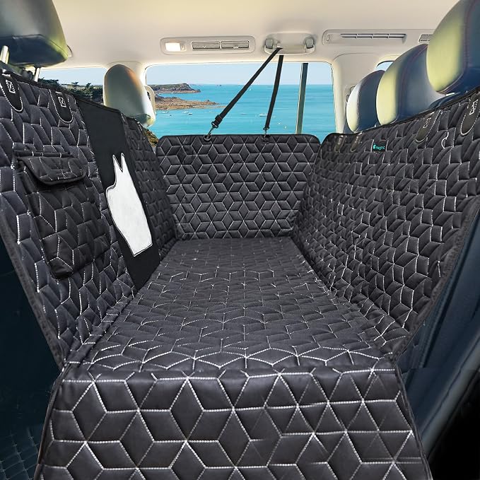 Dog Car Seat Cover for Back Seat, 56" Waterproof Dog Car Hammock with Mesh Window and Side Flaps, 600D Oxford Fabric Pet Seat Protector for Cars, SUVs & Mid-Size Trucks, Black