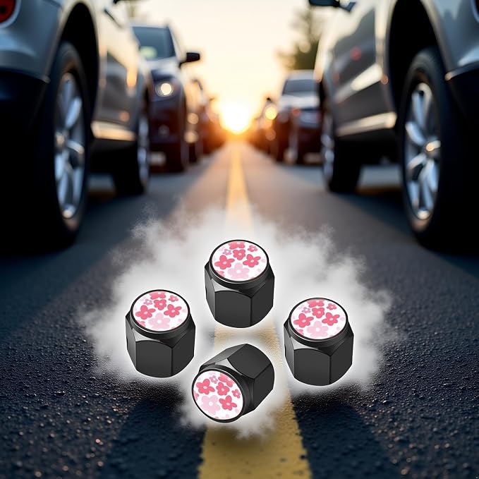 Tire Valve Stem Caps Cover,4 Pcs Metal Black Air Valve Cap, Aluminum Car Wheel Stem Caps,Universal Stem Covers for Cars,Trucks,Bikes,Motorcycles,Corrosion Resistant (Pink Flower)