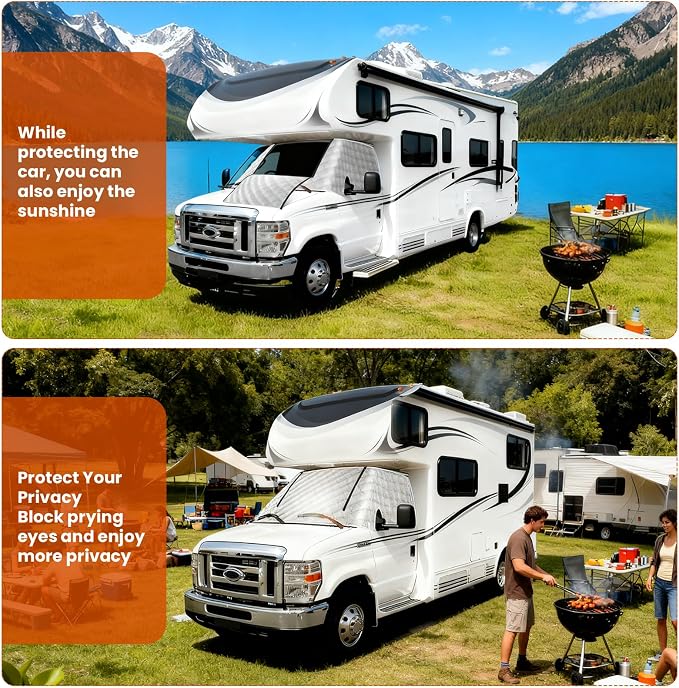RV Windshield Window Snow Cover for Class C Ford E450 1997-2025 Motorhome, Windshield Cover for Ice and Snow RV Front Window Sunshade Cover RV Accessories 4 Layers with Mirror Cutouts Zipper